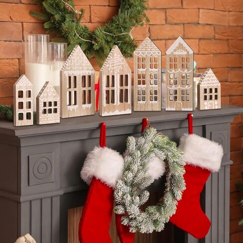 7 Pcs Wooden Christmas Houses Sets Gingerbread House Decor Xmas Village Set Winter Desk Shelf Ornament for Home Office Coffee Bar Mantel Tabletop(Gingerbread Colors) in Saudi Arabia
