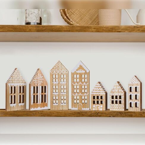 7 Pcs Wooden Christmas Houses Sets Gingerbread House Decor Xmas Village Set Winter Desk Shelf Ornament for Home Office Coffee Bar Mantel Tabletop(Gingerbread Colors) in Saudi Arabia