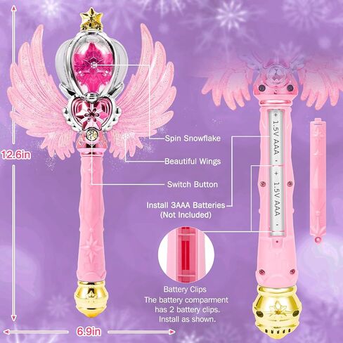 Light Up Snowflake Wand with Spinning LEDs and Sound Magic Princess Toys for Kids Girls Birthday Cosplay Party Favors, Pink in Kuwait