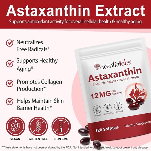 Astaxanthin 12mg ، 120 Softgels (إمدادات 4 أشهر) ، مصدرها المكورات الدقيقة الطازجة ، تدعم العيون ، صحة المفاصل والجلد ، غير المعدلة وراثيًا ، خالية من الغلوتين ، خالية من الألبان. in Saudi Arabia