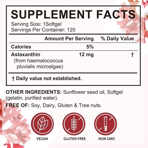 Astaxanthin 12mg ، 120 Softgels (إمدادات 4 أشهر) ، مصدرها المكورات الدقيقة الطازجة ، تدعم العيون ، صحة المفاصل والجلد ، غير المعدلة وراثيًا ، خالية من الغلوتين ، خالية من الألبان. in Saudi Arabia