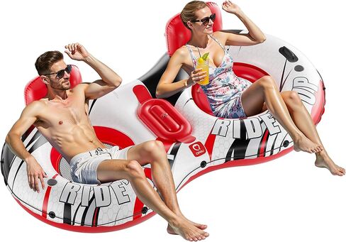 QPAU Inflatable Double River Tube, 2 Person 660lb Capacity, Puncture-Resistant 93" Sturdy Heavy Duty River Float, River Raft with Ergonomic Backrest, Cooler & Cup Holders for Family in Kuwait