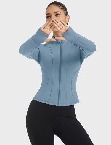 Loovoo Women's Workout Jacket Lightweight Zip Up Athletic Jackets Cropped Slim Fit Running Yoga Tops with Pockets in Kuwait