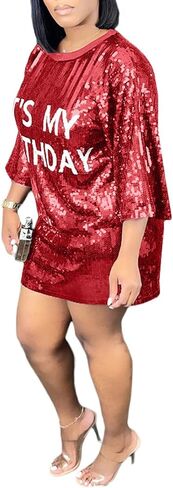 Fawjsais Women's Half Sleeve Dress O Neck Printed Sequins Mini Dress Loose Casual Sexy Nightclub Party T-Shirts Tops Dress in Saudi Arabia