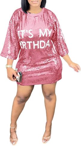 Fawjsais Women's Half Sleeve Dress O Neck Printed Sequins Mini Dress Loose Casual Sexy Nightclub Party T-Shirts Tops Dress in Saudi Arabia