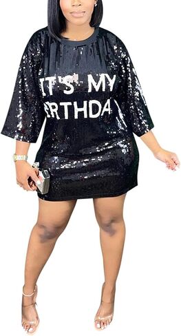 Fawjsais Women's Half Sleeve Dress O Neck Printed Sequins Mini Dress Loose Casual Sexy Nightclub Party T-Shirts Tops Dress in Saudi Arabia