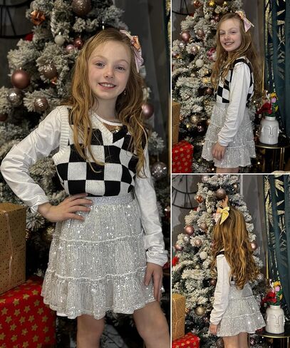 Rolanko Girls Sequin Skirt Kids Elastic Waist A-Line Sparkly Ruffle Skirt with Lining for Party Dance in Kuwait