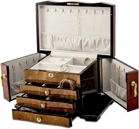 الصلبة Bubinga Elm Burl inlay 3 Rawer Swing Sides Jewelry Box in Saudi Arabia