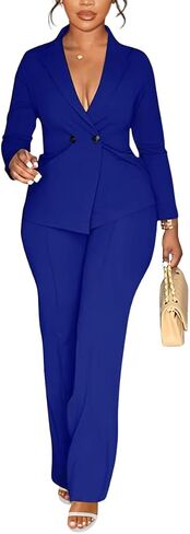 knowfashionStyle Womens Suits 2 قطعة مجموعة الأعمال السراويل السترة الصدر مجموعات عارضات الأكمام الطويلة بدلة العمل الرسمية مع الجيب in Kuwait