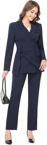 Lamgool Women Double Breasted Suit with Belt Business Casual 2 Pcs Blazer Jacket with Pants Set in Saudi Arabia