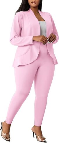 Aro Lora Womens Plus Size 2 Piece Outfits Pantsuits Long Sleeve Ruffle Irregular Hem Open Front Blazer Pant Set in Saudi Arabia