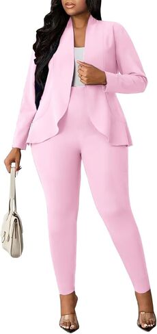 Aro Lora Womens Plus Size 2 Piece Outfits Pantsuits Long Sleeve Ruffle Irregular Hem Open Front Blazer Pant Set in Saudi Arabia