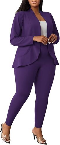 Aro Lora Womens Plus Size 2 Piece Outfits Pantsuits Long Sleeve Ruffle Irregular Hem Open Front Blazer Pant Set in Saudi Arabia