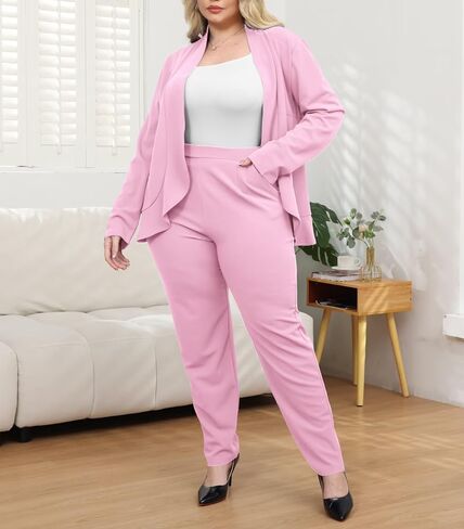 Aro Lora Womens Plus Size 2 Piece Outfits Pantsuits Long Sleeve Ruffle Irregular Hem Open Front Blazer Pant Set in Saudi Arabia