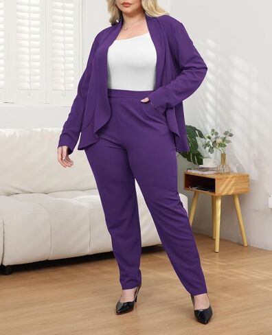 Aro Lora Womens Plus Size 2 Piece Outfits Pantsuits Long Sleeve Ruffle Irregular Hem Open Front Blazer Pant Set in Saudi Arabia
