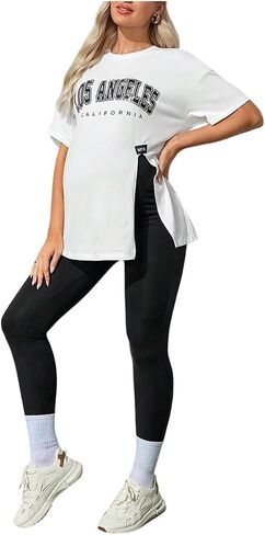 MakeMeChic Women's Maternity 2 Piece Outfits Sport Letter Graphic Tee and Adjustable Elastic Waist Legging in Saudi Arabia