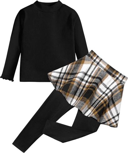 Little Girls Clothes 2Pcs Long Sleeve Solid Knit Shirts and Plaid Skirt Leggings Pants Set Fall Winter Outfit 3-7Y in Kuwait