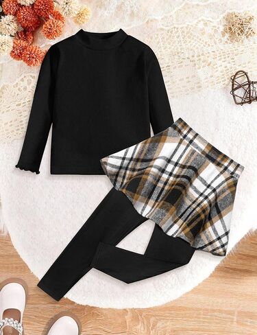 Little Girls Clothes 2Pcs Long Sleeve Solid Knit Shirts and Plaid Skirt Leggings Pants Set Fall Winter Outfit 3-7Y in Kuwait
