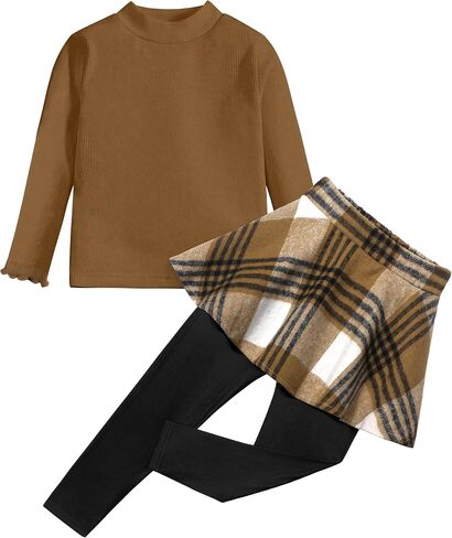 Little Girls Clothes 2Pcs Long Sleeve Solid Knit Shirts and Plaid Skirt Leggings Pants Set Fall Winter Outfit 3-7Y in Kuwait