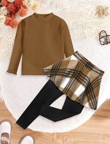 Little Girls Clothes 2Pcs Long Sleeve Solid Knit Shirts and Plaid Skirt Leggings Pants Set Fall Winter Outfit 3-7Y in Kuwait