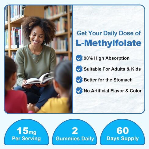 L-methylfolate 15mg gummies مع الميثيل B12 ، حمض الفوليك 5-MTHF ملحق للمزاج ، صحة الدماغ ، الإدراك والمناعة ، خالية من السكر ، نباتي ، غير المعدلة وراثيا ، 60 العد in Kuwait