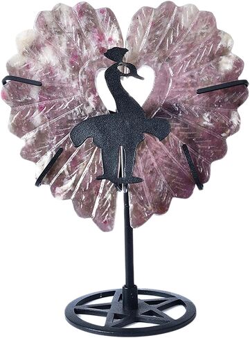 JIC Gem Extra Large Plum Blossom Tourmaline Heart Crystals Stones Healing Crystal Heart Stones Ornament Carved Angel Wing with Display Stand Home Decor Reiki Healing（1 Pair,15-16cm in Saudi Arabia