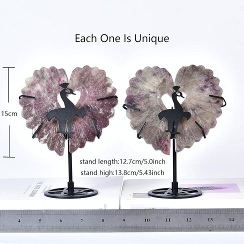 JIC Gem Extra Large Plum Blossom Tourmaline Heart Crystals Stones Healing Crystal Heart Stones Ornament Carved Angel Wing with Display Stand Home Decor Reiki Healing（1 Pair,15-16cm in Saudi Arabia