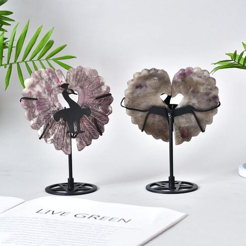 JIC Gem Extra Large Plum Blossom Tourmaline Heart Crystals Stones Healing Crystal Heart Stones Ornament Carved Angel Wing with Display Stand Home Decor Reiki Healing（1 Pair,15-16cm in Saudi Arabia