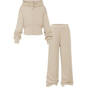 Girls 2 Piece Outfits Hoodie Zip Drop Shoulder Sweatshirt and Sweatpants Set with Pockets Sweatsuit Fall Clothes in Kuwait