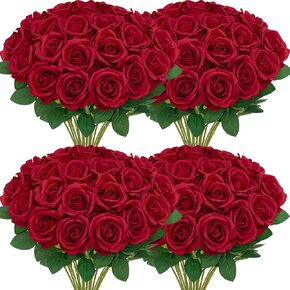 Serwalin 𝟮𝟬𝗽𝗰𝘀 Artificial Silk Roses, Red 𝗩𝗲𝗹𝘃𝗲𝘁 Realistic Roses, Fake Roses Real Touch Bouquet Long Stem for Valentine’s Day Home Decor Wedding and Table Centerpiece in Kuwait