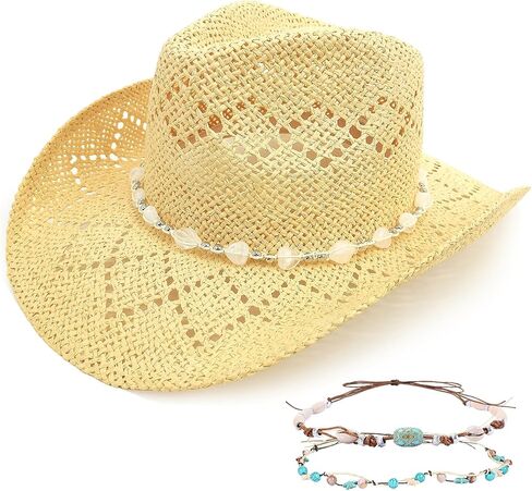 Men's Women's Straw Cowboy Hat, Western Cowgirl Hat, Wide Brim Hollow Out Sun Beach Hat with Three Decorative Bands in Kuwait