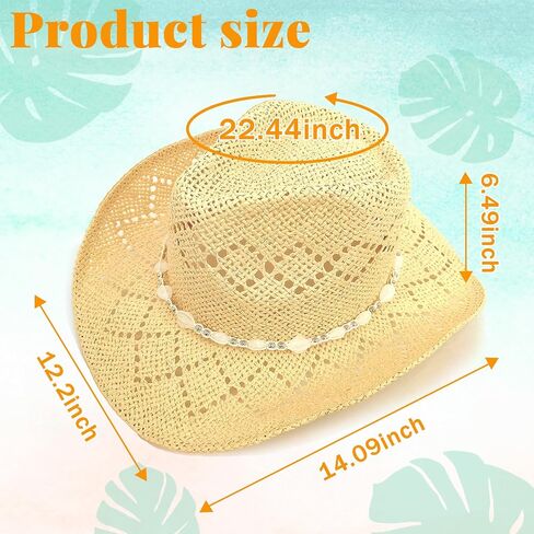 Men's Women's Straw Cowboy Hat, Western Cowgirl Hat, Wide Brim Hollow Out Sun Beach Hat with Three Decorative Bands in Kuwait