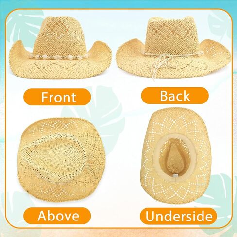 Men's Women's Straw Cowboy Hat, Western Cowgirl Hat, Wide Brim Hollow Out Sun Beach Hat with Three Decorative Bands in Kuwait