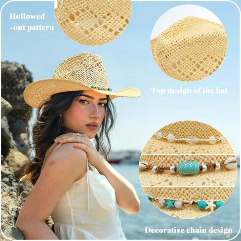 Men's Women's Straw Cowboy Hat, Western Cowgirl Hat, Wide Brim Hollow Out Sun Beach Hat with Three Decorative Bands in Kuwait