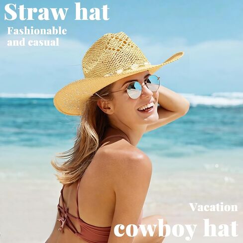 Men's Women's Straw Cowboy Hat, Western Cowgirl Hat, Wide Brim Hollow Out Sun Beach Hat with Three Decorative Bands in Kuwait