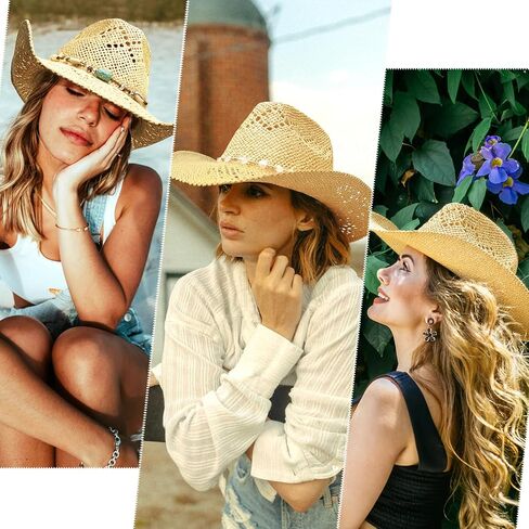 Men's Women's Straw Cowboy Hat, Western Cowgirl Hat, Wide Brim Hollow Out Sun Beach Hat with Three Decorative Bands in Kuwait