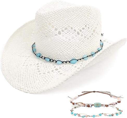 Men's Women's Straw Cowboy Hat, Western Cowgirl Hat, Wide Brim Hollow Out Sun Beach Hat with Three Decorative Bands in Kuwait