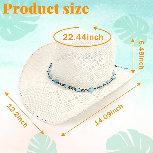 Men's Women's Straw Cowboy Hat, Western Cowgirl Hat, Wide Brim Hollow Out Sun Beach Hat with Three Decorative Bands in Kuwait