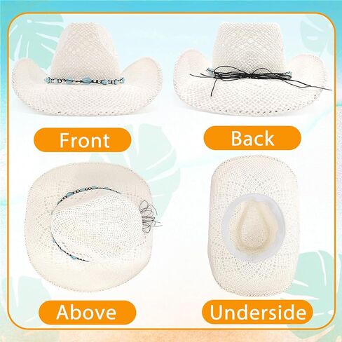 Men's Women's Straw Cowboy Hat, Western Cowgirl Hat, Wide Brim Hollow Out Sun Beach Hat with Three Decorative Bands in Kuwait