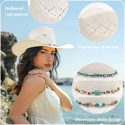 Men's Women's Straw Cowboy Hat, Western Cowgirl Hat, Wide Brim Hollow Out Sun Beach Hat with Three Decorative Bands in Kuwait