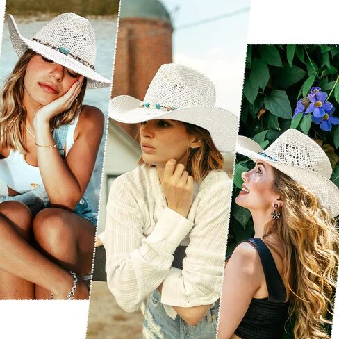 Men's Women's Straw Cowboy Hat, Western Cowgirl Hat, Wide Brim Hollow Out Sun Beach Hat with Three Decorative Bands in Kuwait