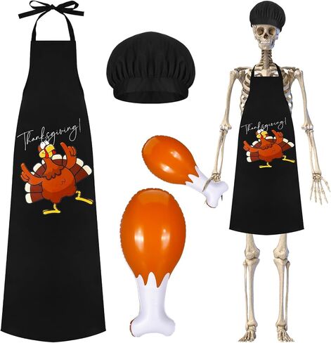 Geyoga 3 Pcs Thanksgiving 12 ft Skeleton Outfits Costume Accessories 24 Inch Inflatable Turkey Leg Cooking Hat Apron(Vibrant Patterns) in Kuwait