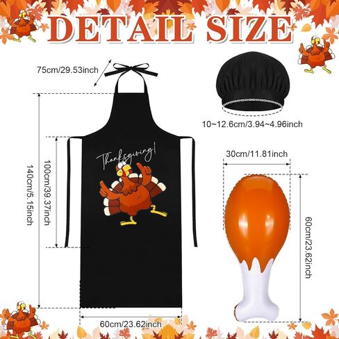 Geyoga 3 Pcs Thanksgiving 12 ft Skeleton Outfits Costume Accessories 24 Inch Inflatable Turkey Leg Cooking Hat Apron(Vibrant Patterns) in Kuwait