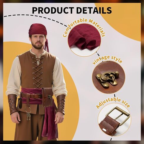Pirate Costume Men Women Festival Accessories - Head Scarf Bandana, Leather Belt, Belt Pouch, Strap Keyring, Coin Purse For Halloween, Renaissance Cosplay in Saudi Arabia