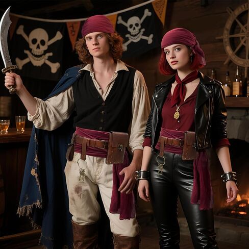 Pirate Costume Men Women Festival Accessories - Head Scarf Bandana, Leather Belt, Belt Pouch, Strap Keyring, Coin Purse For Halloween, Renaissance Cosplay in Saudi Arabia