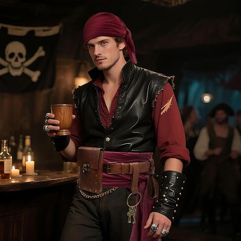 Pirate Costume Men Women Festival Accessories - Head Scarf Bandana, Leather Belt, Belt Pouch, Strap Keyring, Coin Purse For Halloween, Renaissance Cosplay in Saudi Arabia