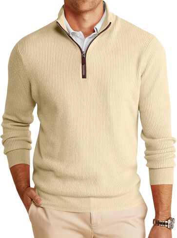 سترة Runcati الرجالية بسحاب ربع كاجوال، كاجوال، رقبة وهمية، سترات بولو مضلعة دافئة للشتاء in Kuwait