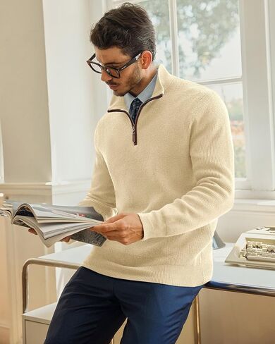 سترة Runcati الرجالية بسحاب ربع كاجوال، كاجوال، رقبة وهمية، سترات بولو مضلعة دافئة للشتاء in Kuwait