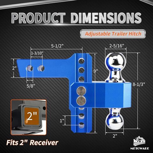 METOWARE Adjustable Trailer Hitch - Aluminum Tow Hitch Fits 2-Inch Receiver - Heavy Duty Drop Hitch with 4-Inch Drop/Rise for Truck (14,000 LBS GTW), Double Stainless Steel Locks & Hitch Pin, Red in Kuwait