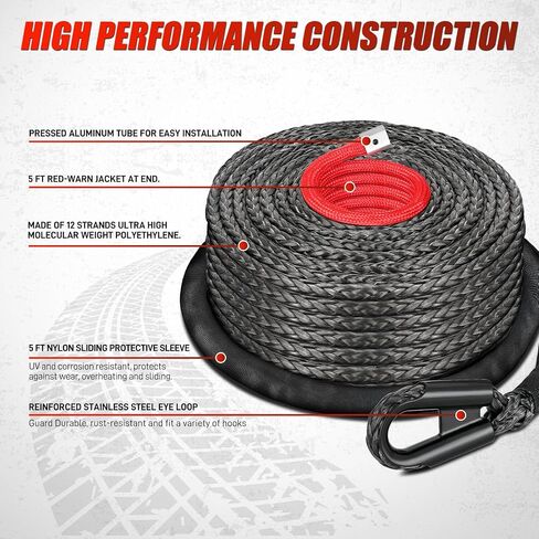 Nilight Winch Rope 1/4 Inch x 50 Feet 9000 LBS Synthetic Winch Line Cable with Black Protective Sleeve for ATV Towing Winches with Synthetic Ropes UTV Truck Boat SUV Vehicle, Grey in Kuwait